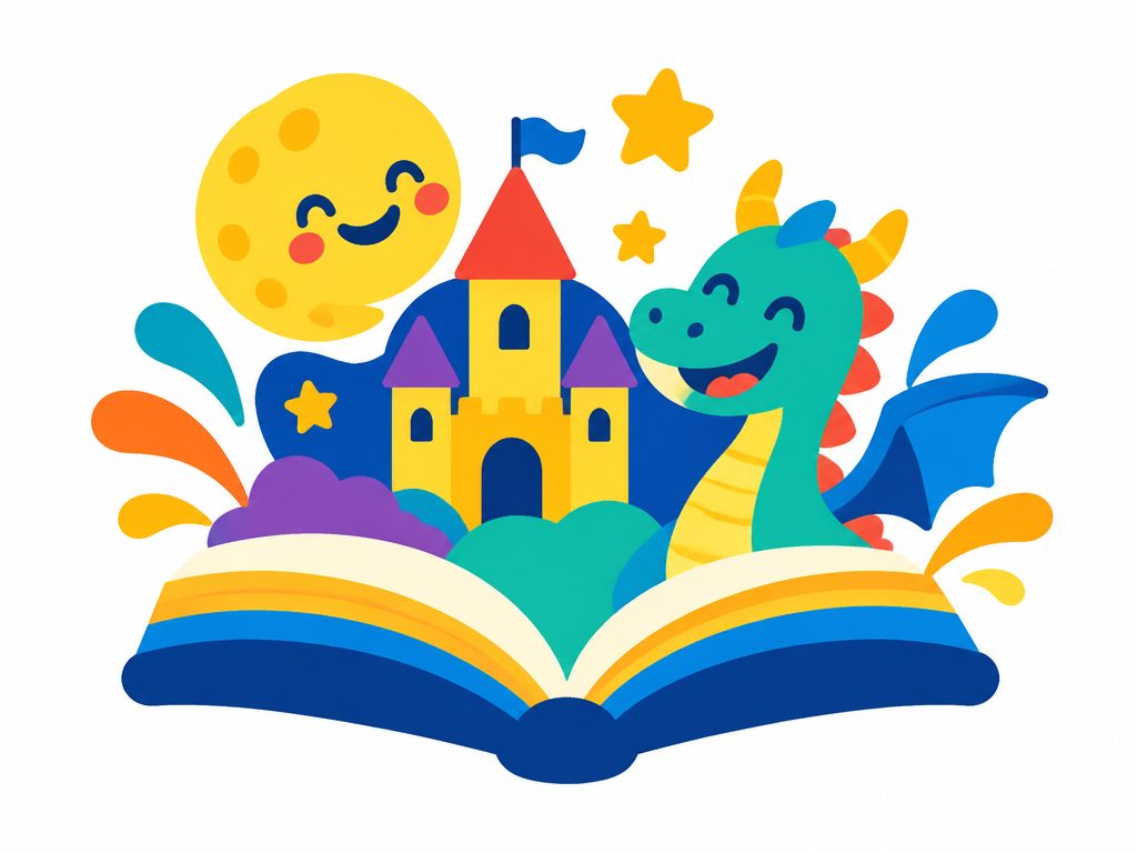 Livro aberto com castelo, dragão amigável e lua sorridente
