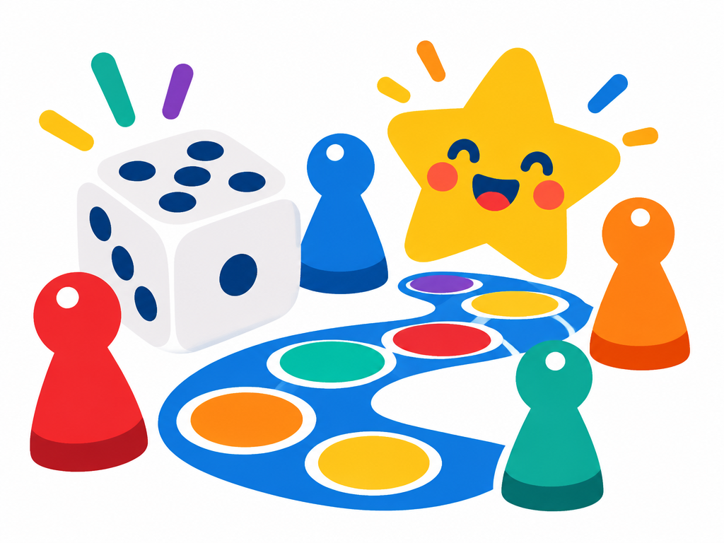 Dado, peões coloridos e uma estrela sorridente num caminho de jogo