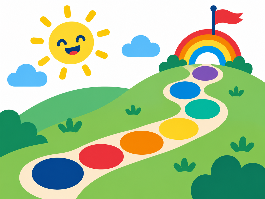 Caminho de pedras coloridas entre colinas, com sol sorridente e arco-íris